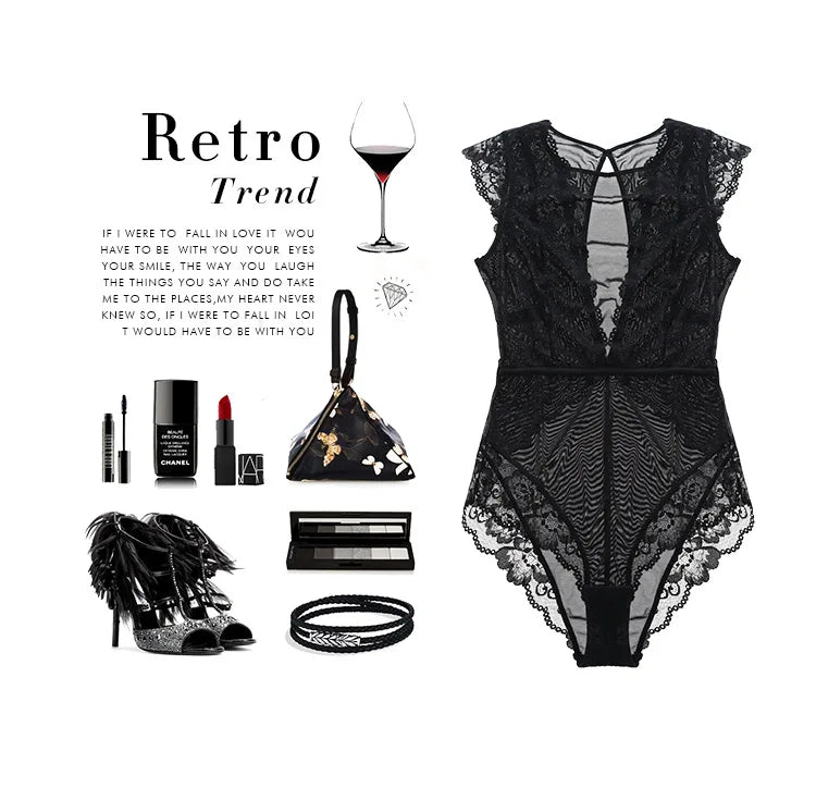 JYF Brand Vintage Sexy Onesies Ultra thin Lace Sleeveless Sleepwear Backless Transparent Mesh Cozy Soft Women's Pajamas