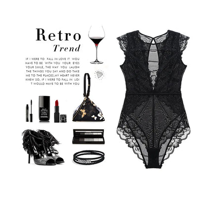 JYF Brand Vintage Sexy Onesies Ultra thin Lace Sleeveless Sleepwear Backless Transparent Mesh Cozy Soft Women's Pajamas