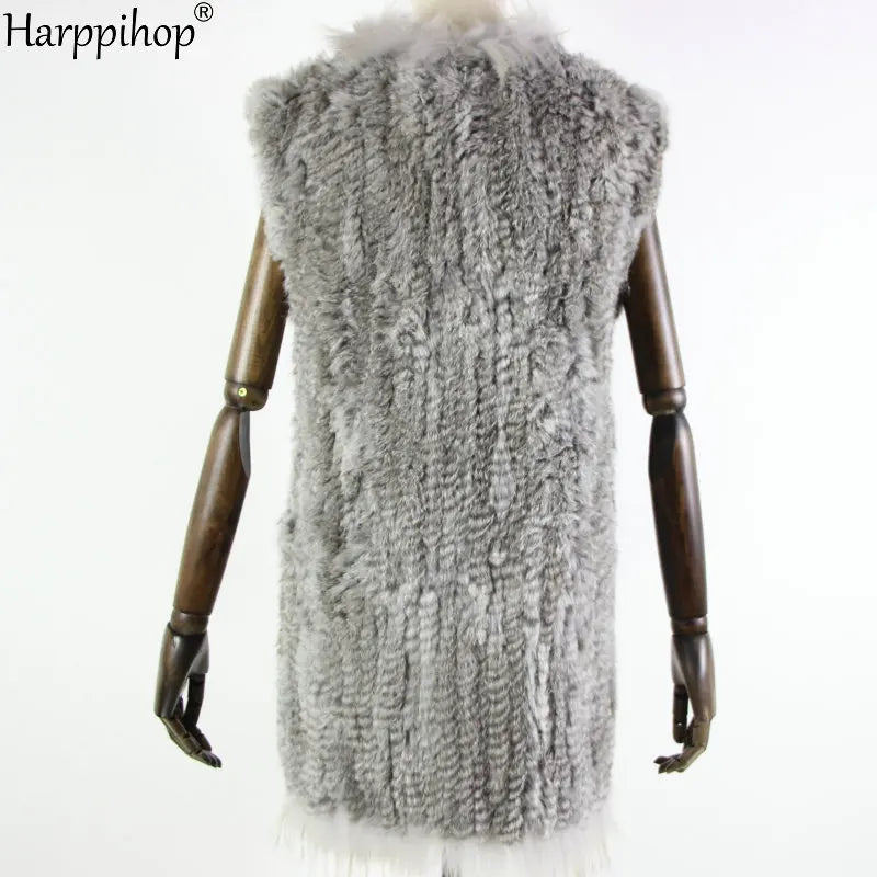 new fashion rabbit fur vest knit rabbit vest 80cm long style for women raccoon fur collar trim fur waistcoat pocket decoration