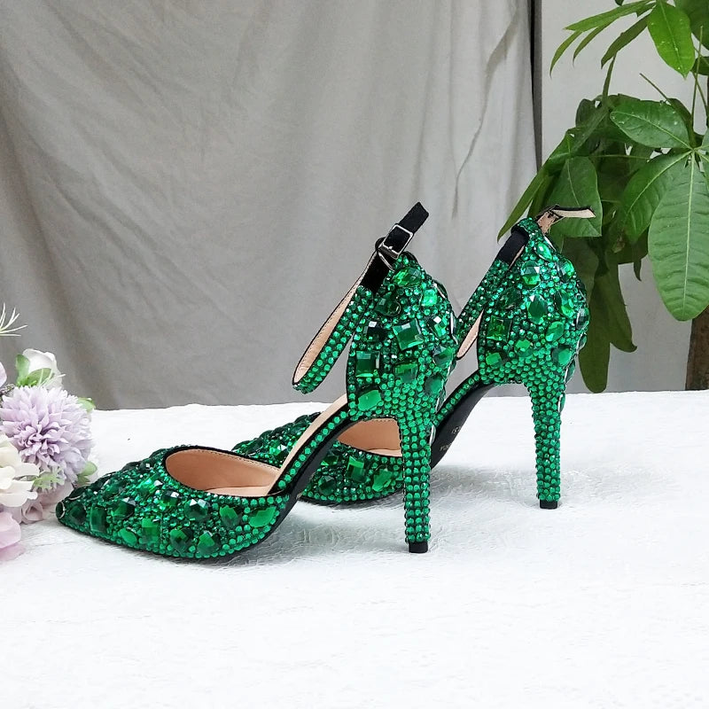 BaoYaFang 2022 NEW ARRIVE Green Crystal Wedding Shoes Woman Thin Heel Pointed Toe Bridal Party Dress Shoe Big Size High Pumps