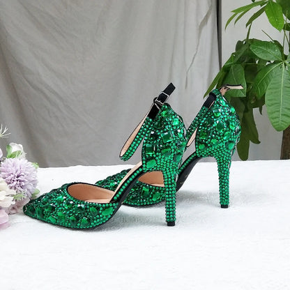 BaoYaFang 2022 NEW ARRIVE Green Crystal Wedding Shoes Woman Thin Heel Pointed Toe Bridal Party Dress Shoe Big Size High Pumps
