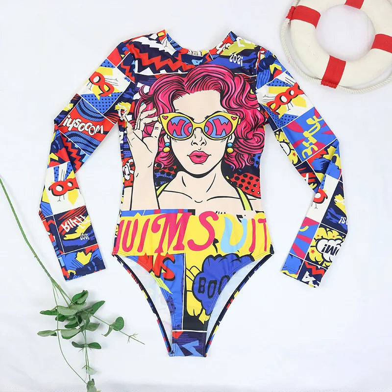 TYAKKVE Surf Swimwear Rash Guard Long Sleeve One Piece Swimsuit For Women Print High Neck Bodysuits Swim Suits Backless Monokini