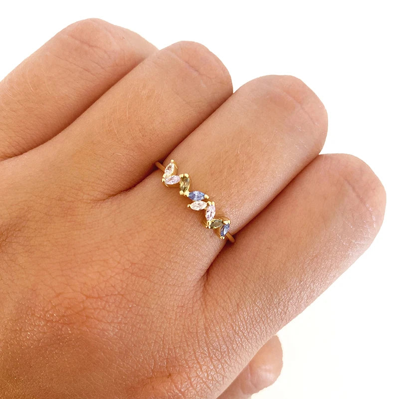 24K Gold Plated Colorful Crystal Gold Rings Turquoise Engagement Wedding Anniversary Ring Light Luxury Fashion Jewelry Gifts A40