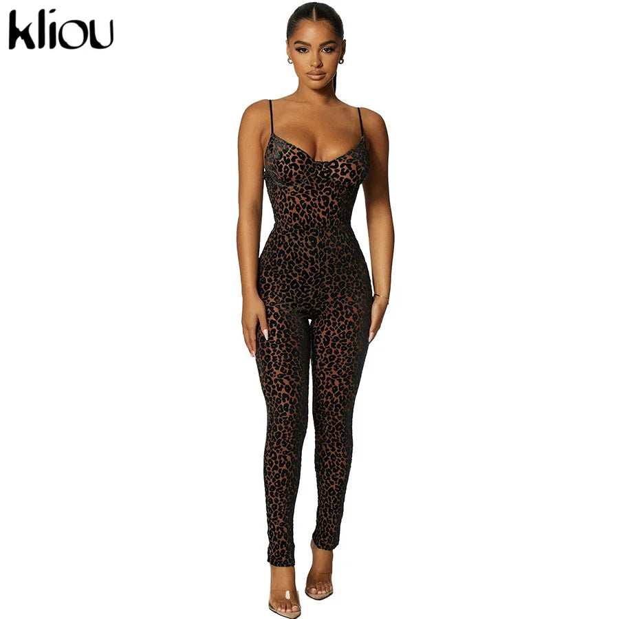 Kliou Flocking Mesh Jumpsuit Women Autumn Sexy Camis Leopard Patchwork Body-Shaping One Piece Clothing Midnight Attire Clubwear