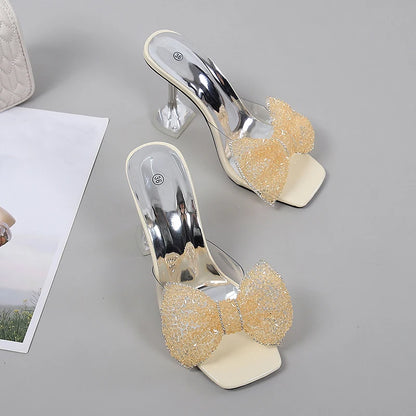 Size 34-46 Summer Party Slippers Fashion Green Rhinestone Bow Heels Sandals Women Square Open Toe PVC Transparent Shoes Slides