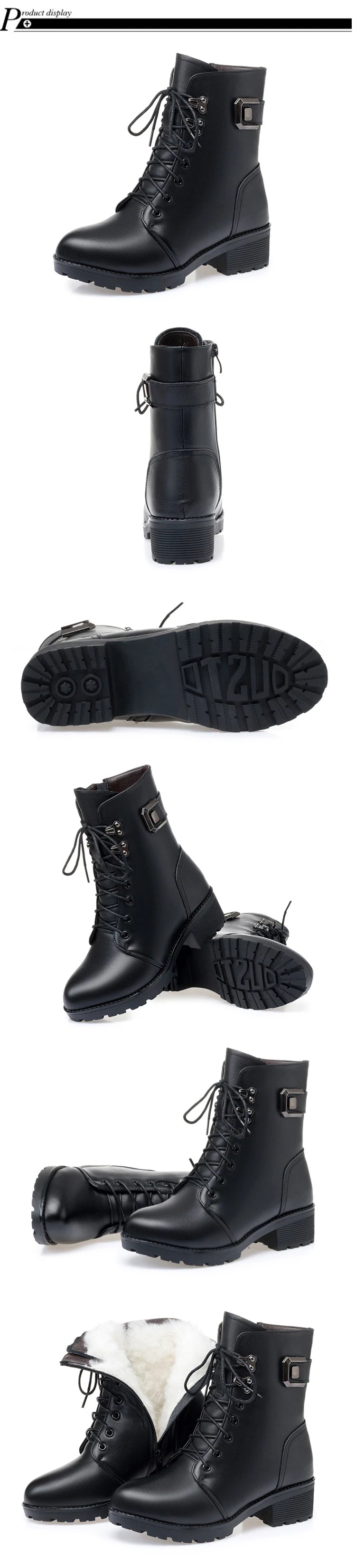 WOIZGIC Female Ladies Women Genuine Leather Ankle Boots Platform Winter Antumn Plush Fur Warm Shoes Plus Size Lace Up 35-43