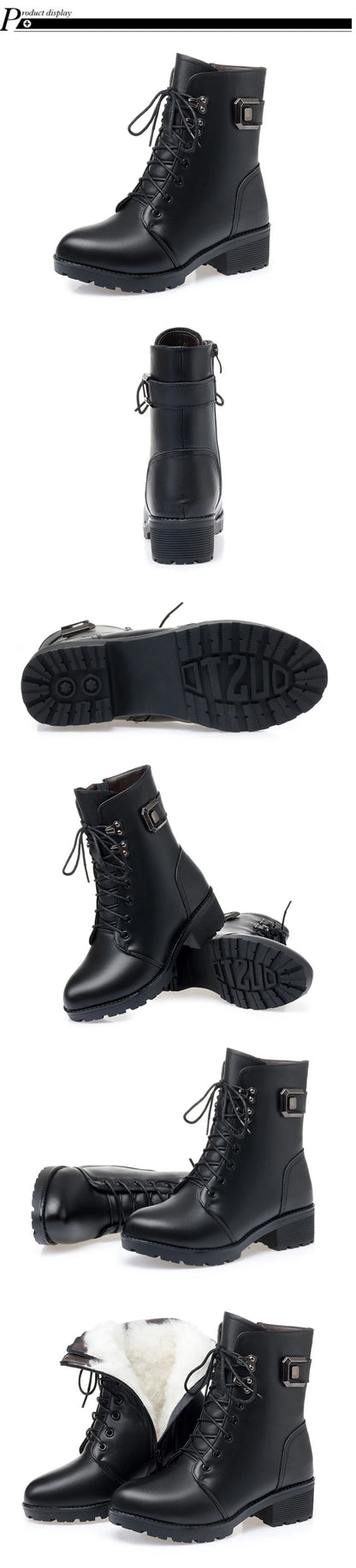 WOIZGIC Female Ladies Women Genuine Leather Ankle Boots Platform Winter Antumn Plush Fur Warm Shoes Plus Size Lace Up 35-43