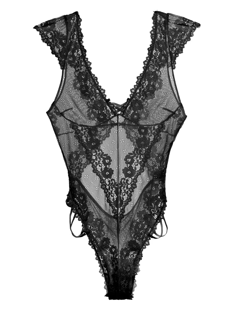 Fashion Women's Summer Lace Deep V Ultra Thin Transparent Sexy Backless Bodysuit One Piece Jumpsuit Female Rompers Streetwear
