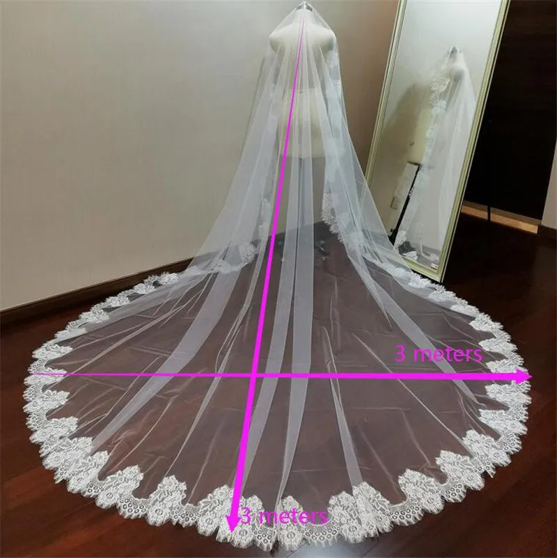 Customized Mantilla Wedding Veil with Eyelash Lace, 2.5m/3m/3.5m/4m Single Tier Long Ivory Bridal Veil with Hidden Comb