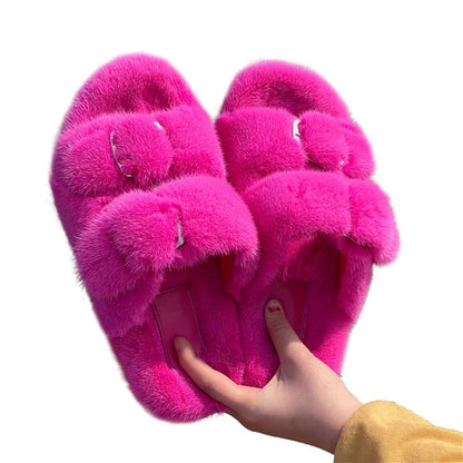 Slippers Ladies Summer Fluffy Mink Fur Slippers 100% Mink Fur Slippers Ladies Sandals 2021 Home Slippers Girls Outdoor Slippers