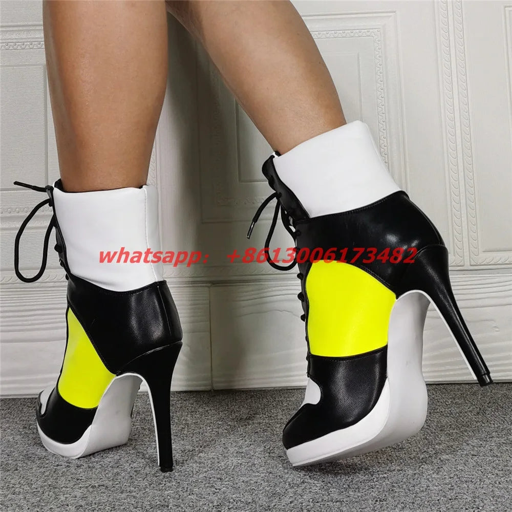 Lace Up High Top High Heel Sport Boots Size 47 Sporty Style Woman High Heel Lace-Up Short Boot High Heel Woman Sport Ankle Boots