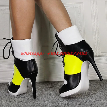 Lace Up High Top High Heel Sport Boots Size 47 Sporty Style Woman High Heel Lace-Up Short Boot High Heel Woman Sport Ankle Boots