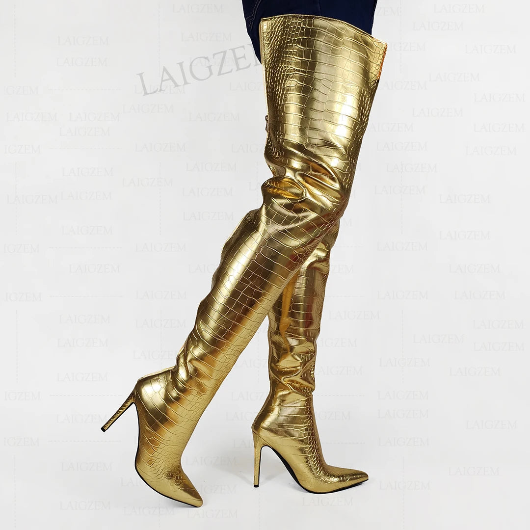 LAIGZEM Women Crotch High Boots Full Back Zip Up Stiletto High Heels Boots Corcodile Print Ladies Shoes Woman Big Size 38 42 47
