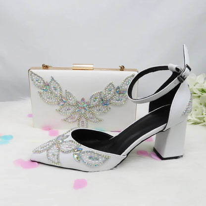 BaoYaFang White Beads Pearl wedding shoes Bride Pointed Toe Square Thick High Heel Party dress shoes and bag set Ankle Strap