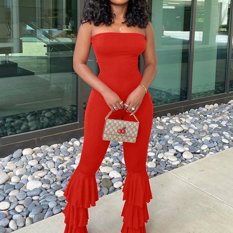 Women Strapless Bodycon Sexy Casual Jumpsuit Red Fashion New Backless Rompers Stacked Flared Pants Streetwear Overalls One Piece