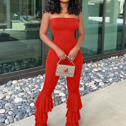 Women Strapless Bodycon Sexy Casual Jumpsuit Red Fashion New Backless Rompers Stacked Flared Pants Streetwear Overalls One Piece