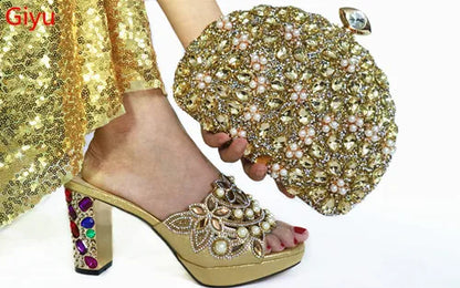 doershow beautiful Italian gold Shoes And Bag Sets For Evening Party With Stones Italian Leather Handbags Match Bags! HTG1-9