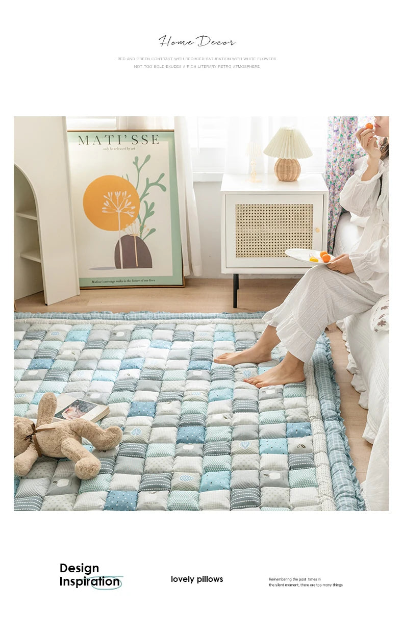 Large Thick Cotton Quilted Rugs for Living Room Anti Slip Bedroom Bedside Carpet Rugs Winter Warm Floral Print Tatami Floor Mats