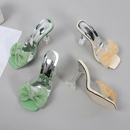 Size 34-46 Summer Party Slippers Fashion Green Rhinestone Bow Heels Sandals Women Square Open Toe PVC Transparent Shoes Slides