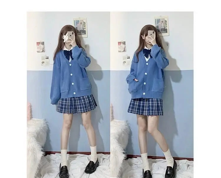 Japan School Sweater Spring Autumn V-neck Cotton Knitted Sweater College Style JK Uniform Cardigan 4 Color Student Girls Cosplay