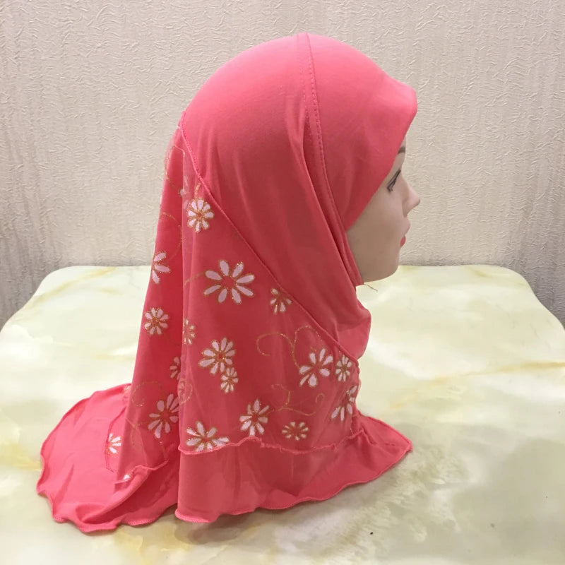 H043 beautiful small girl hijab with flower net cute hijab hats women's caps can fit 2-6 years old girls muslim baby headscarf