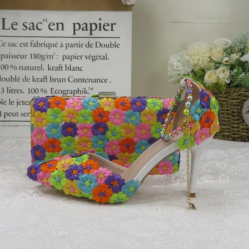 Fashion multicolored Flower Wedding Shoes With Matching Bags High Heels Pointed Toe Ankle Strap Ladies Party shoe and bag set