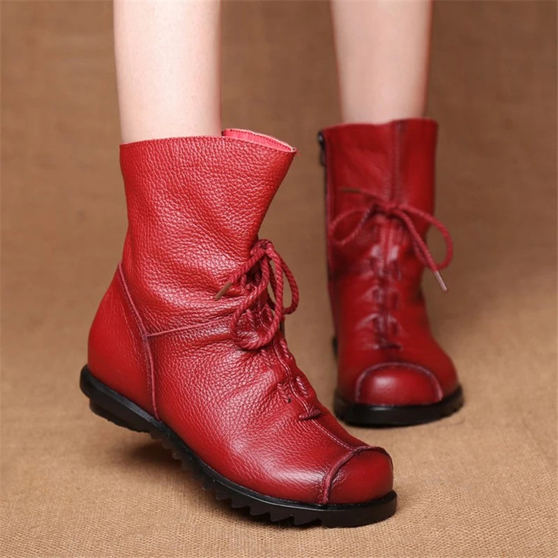 JIANBUDAN/ Genuine Leather Plush Women's Short Boots Retro Casual Autumn Winter Women's Boots Waterproof Leather Warm Snow Boots