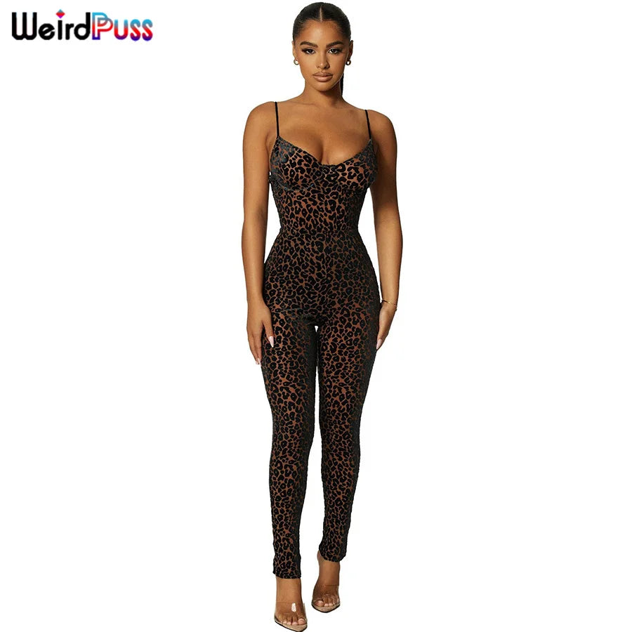 Weird Puss Leopard Print Sexy Skinny Women Jumpsuit Sleeveless Backless Fit Workout Activewear Party Nightclub Stretch Outfits