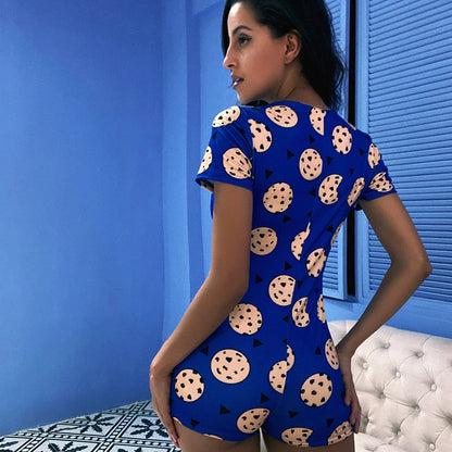 OMSJ 2024 Blue Cookie Print Women's Basic Button Casual Short Sleeve Rompers Female Bodycon Workout Playsuit Hot S-3XL Overalls