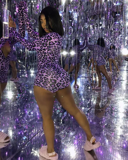 OMSJ 2026 Spring Sexy Women Purple Leopard Print Elegant Sleepwear Pajamas Onesies Long Sleeve Bodycon Short Jumpsuits Nightwear