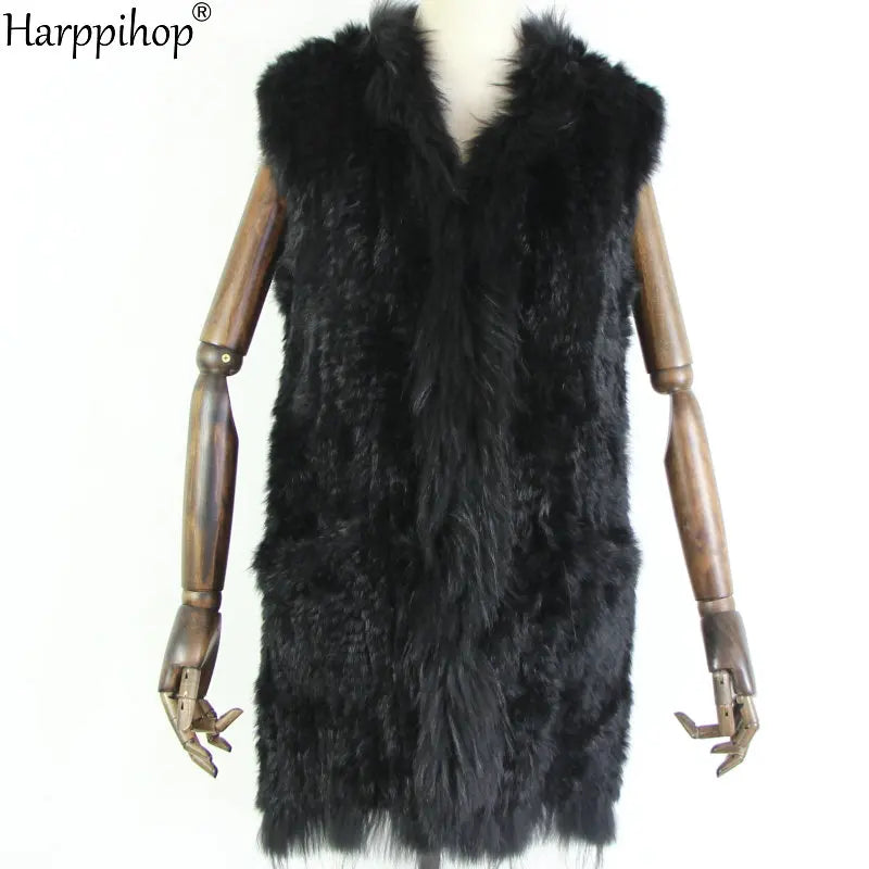 new fashion rabbit fur vest knit rabbit vest 80cm long style for women raccoon fur collar trim fur waistcoat pocket decoration