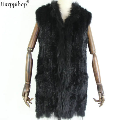 new fashion rabbit fur vest knit rabbit vest 80cm long style for women raccoon fur collar trim fur waistcoat pocket decoration