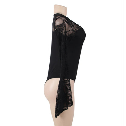 Bodysuits Women Top Fashion V Neck Lace Skinny Lingerie Leotard Black Mesh Salopette Teddy Femme Horn Sleeves Rompers Jumpsuits