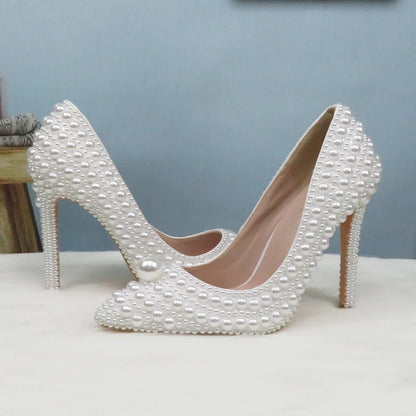BaoYaFang White Beads Pearl Women Wedding Shoes Bride High Heels Shoes Ladies Super Big Size Party Dress Shoes Woman Pointed Toe