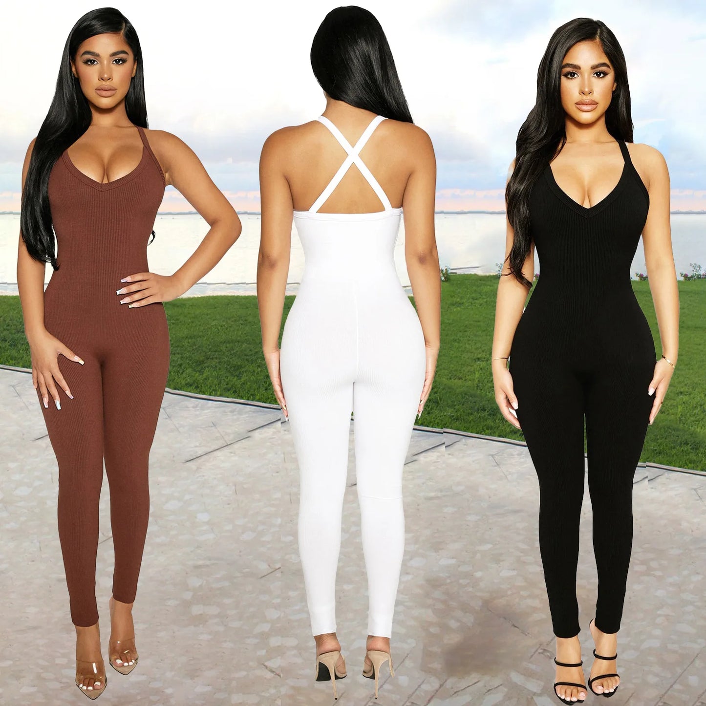 Sexy Cleavage Jumpsuits Women Classic Simple Casual Sporty Wear Sleeveless V-Neck Back Criss Cross Active Casualwear