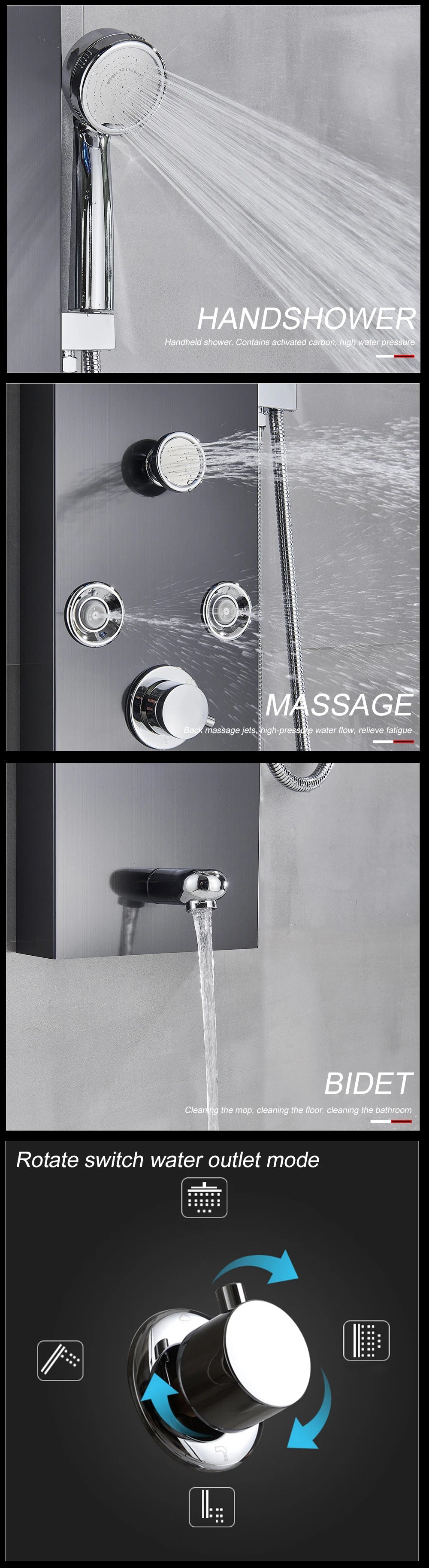 LED Light Shower Panel Waterfall Rain Digital Display Shower Faucet Set SPA Massage Jet Bathroom Column Mixer Tap Tower System