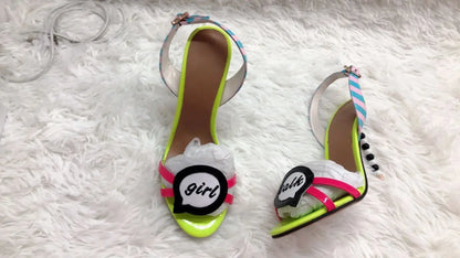 Women Slingback Sandal String Beading Heel Yellow Pink Printed Leather Gladiator Pearl Heels Patchwork Celebrating Summer Shoes