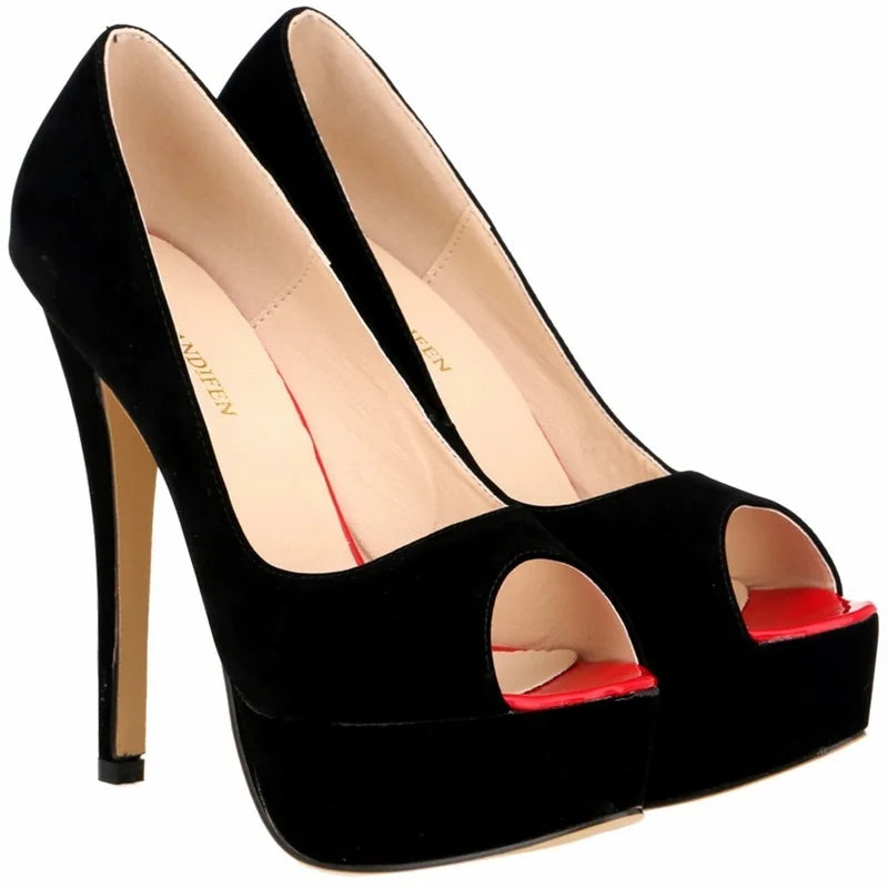 2026 Women Pumps New Fashion 14cm Sexy Peep Toe High Heels Velvet Platform Thin Heel Lady Party Dance Red Wedding Woman Shoes