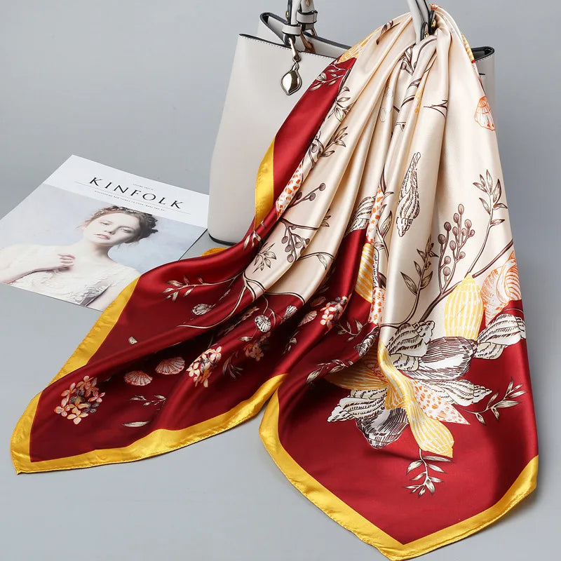 Wholesale Fashion Floral Print Kerchief Silk Satin Shawls and Wraps Hijab Scarfs Female 90cm*90cm Square Bag Scarves For Ladies