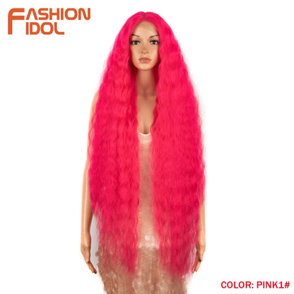 FASHION IDOL 42inch/105cm Super Long Lace Front Wigs Water Wavy Curly Hair Synthetic Wigs For Women Ombre Blonde Wigs Cosplay