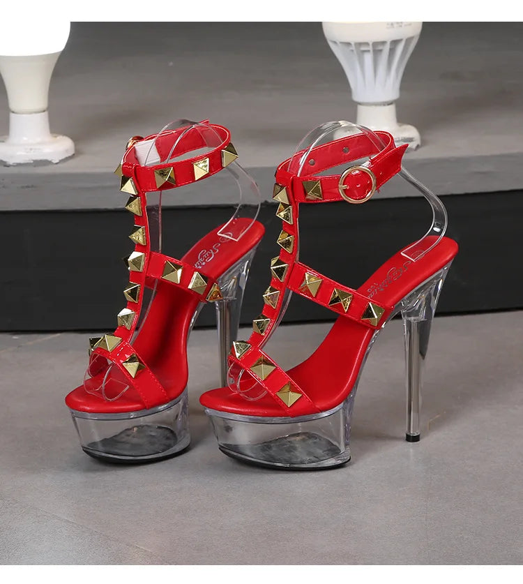 Women's Platform Sandals Rivet Pull Sandals Transparent High Heel 13CM Slim Heel Summer Waterproof Table LFD-1099-36