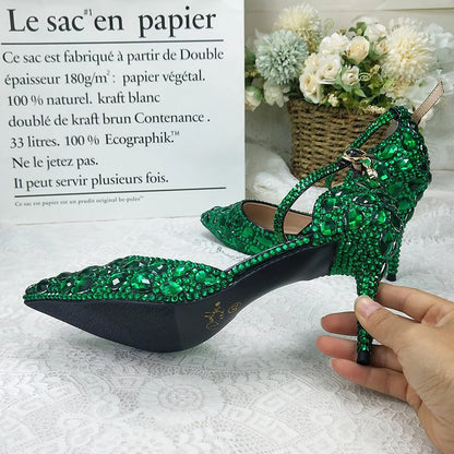 BaoYaFang 2022 NEW ARRIVE Green Crystal Wedding Shoes Woman Thin Heel Pointed Toe Bridal Party Dress Shoe Big Size High Pumps
