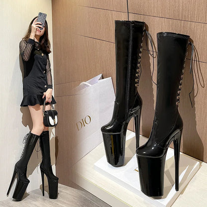 26cm High Heels Mid-Calf  Red Black Women Boots Round Head Rear Strap Pole Dance Shoes Fashion Sexy Roman Style bota feminina