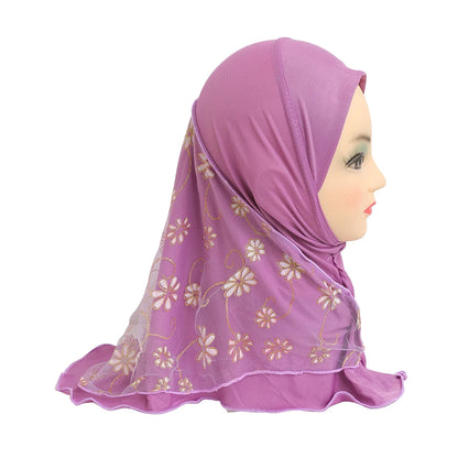 H043 beautiful small girl hijab with flower net cute hijab hats women's caps can fit 2-6 years old girls muslim baby headscarf