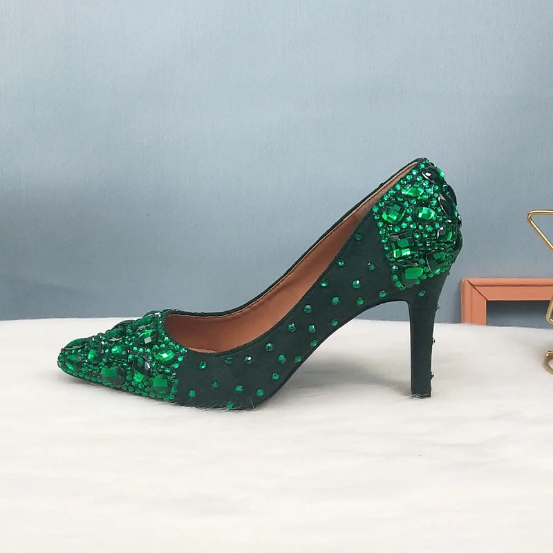 BaoYaFang 2022 NEW ARRIVE Green Crystal Wedding Shoes Woman Thin Heel Pointed Toe Bridal Party Dress Shoe Big Size High Pumps