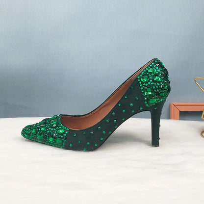 BaoYaFang 2022 NEW ARRIVE Green Crystal Wedding Shoes Woman Thin Heel Pointed Toe Bridal Party Dress Shoe Big Size High Pumps