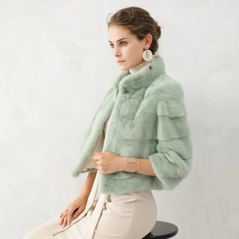 Women's Real Mink Fur Jacket Short Coat European Street Style Warm Casual Fashion Ladies Outerwear