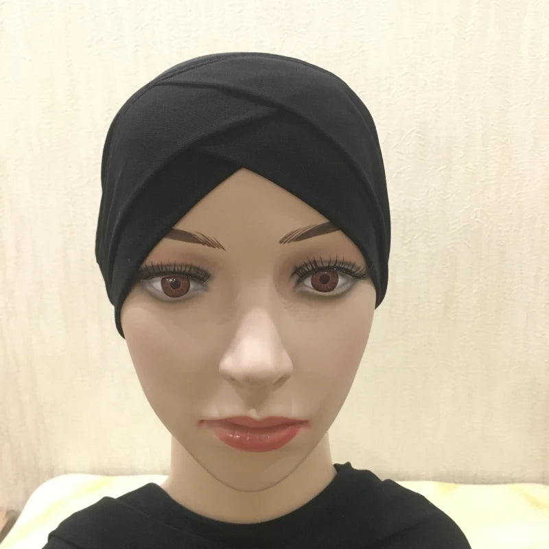 H117 Forehead criss Cross Muslim Turban Pure Color Stretch Inner Hijabs For Caps Ready To Wear Women Head Scarf Under Bonnet