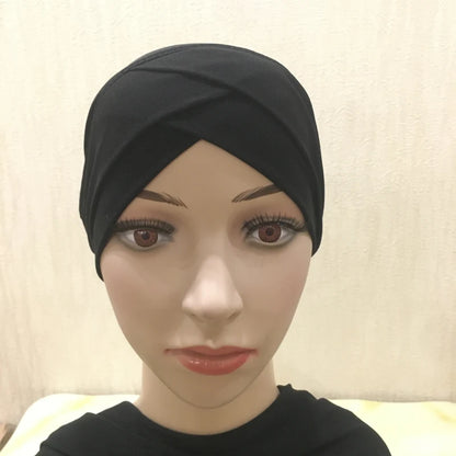 H117 Forehead criss Cross Muslim Turban Pure Color Stretch Inner Hijabs For Caps Ready To Wear Women Head Scarf Under Bonnet
