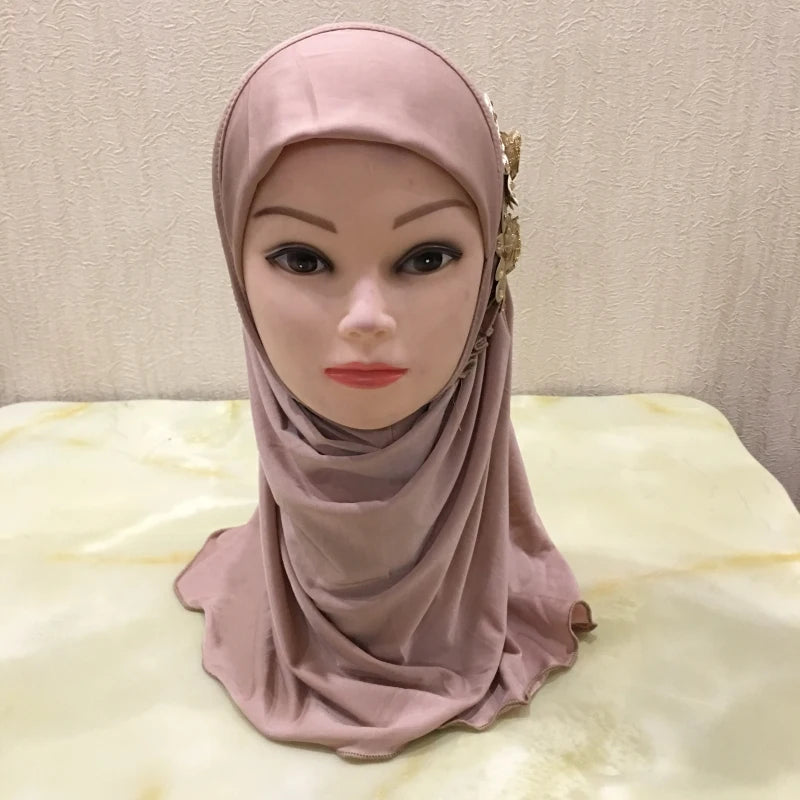 H081 beautiful small girl hijab with flowers cute hijab hats women's caps can fit 2-6 years old girls